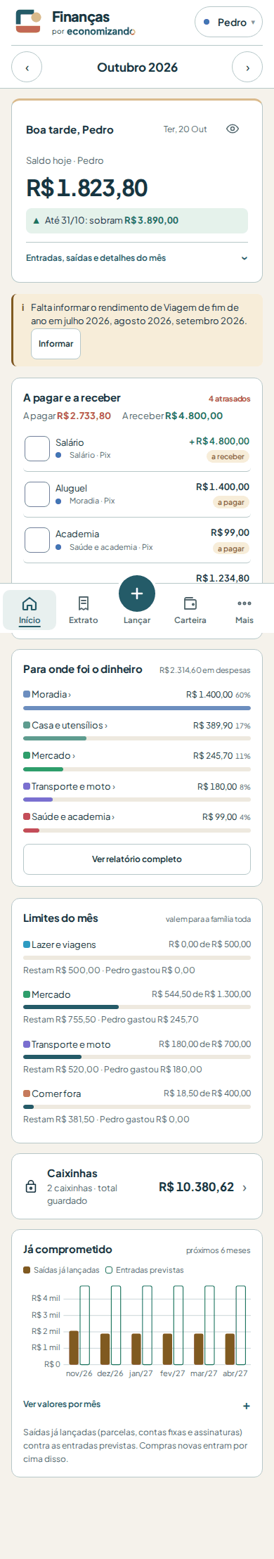 Interface móvel do Finanças com dados fictícios de Pedro.