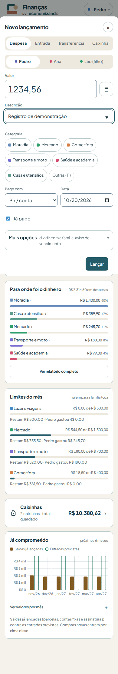 Novo lançamento fictício de R$ 1.234,56, com pessoa, categoria, pagamento e data.